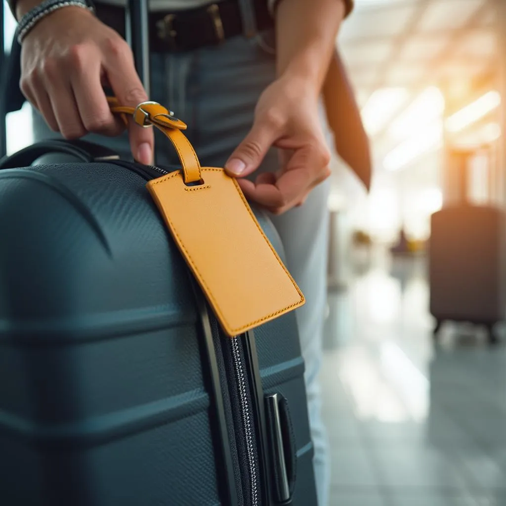 Traveler checking luggage tags