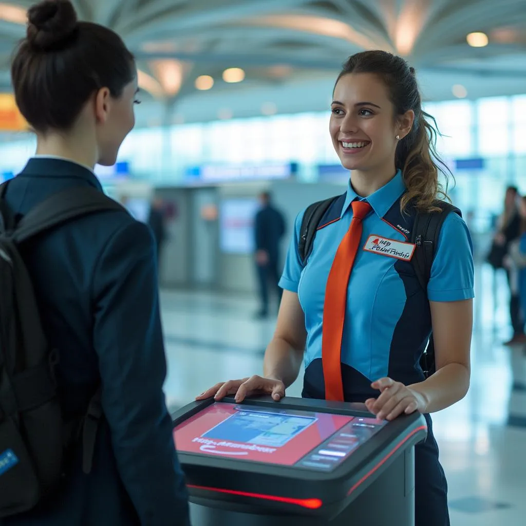 AeroFind UK team member assisting a traveler at an airport kiosk