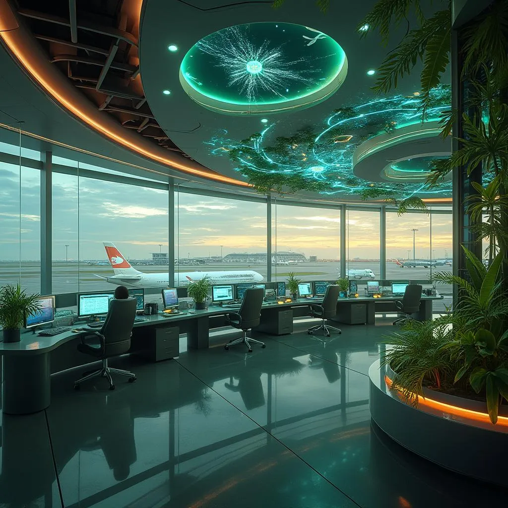 Modern airport operations center with holographic displays and green plants